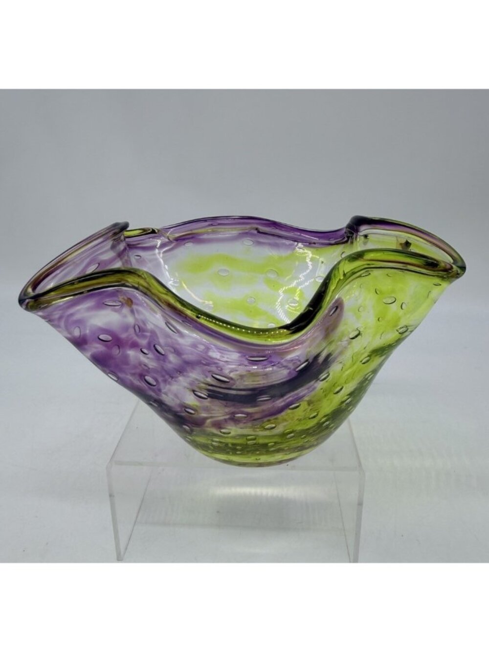 Signed Art Glass Studio Hand Blown Kerchief Bowl Ruffled Rim Swirl Purple Lime